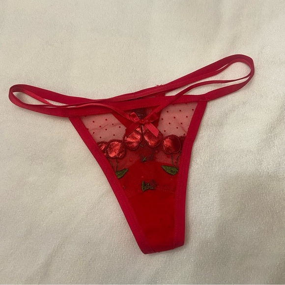 New! For love and lemons Cerise cherry red embroidered mesh thong 3800 - Picture 2 of 12